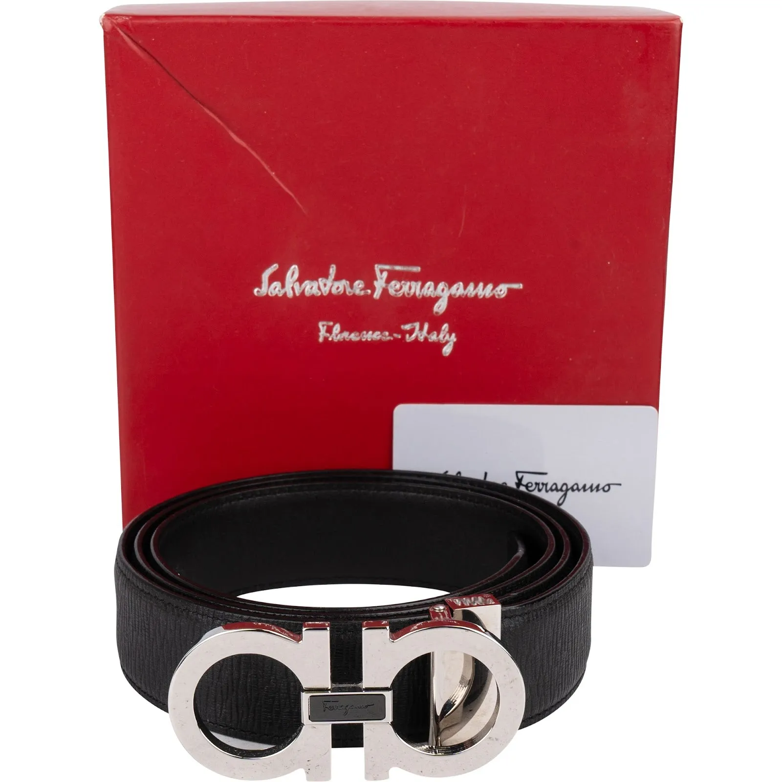 Salvatore Ferragamo Nero Pebbled Leather Gancini Gürtel (105)